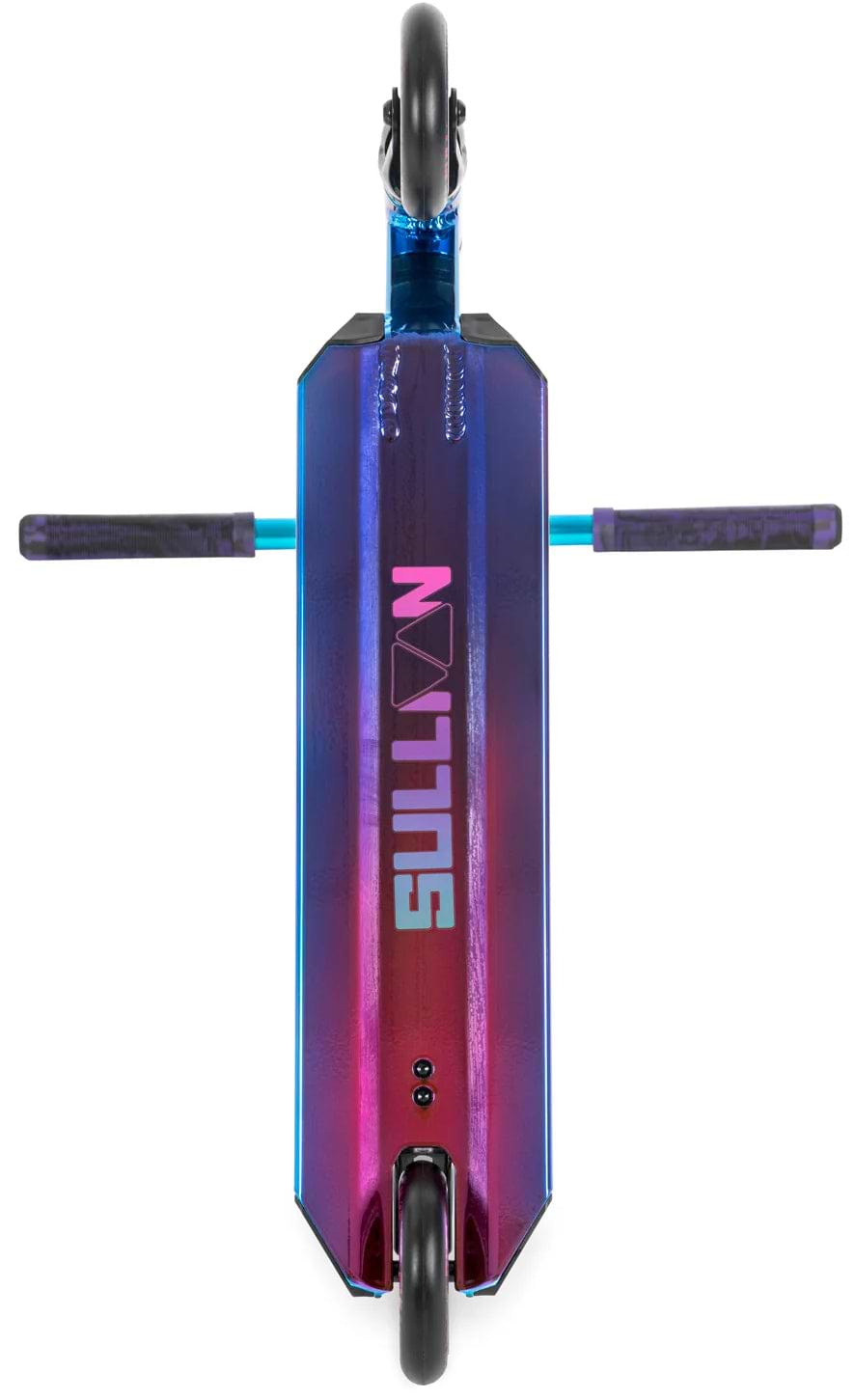 Top view of the Sullivan Antic V2 Complete Stunt Scooter - Aurora, featuring a shiny blue-purple deck, bold “SULLIVAN” branding, visible 110mm wheels, and handlebar grips—ideal for kids who love scooters.