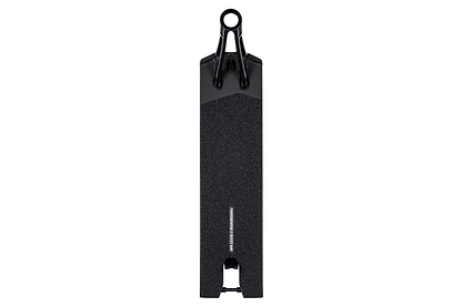 The Ethic DTC Pandemonium V2 Boxed Black Stunt Scooter Deck (5.5" x 19.7") boasts a rough grip tape and rear wheel cutout, ideal for riders wanting a lightweight, high-performance deck from Ethic.