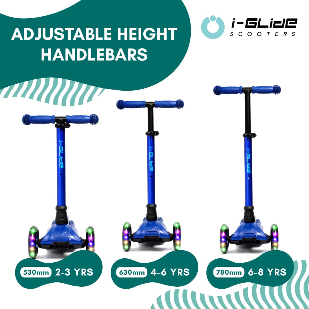 A promotional image for the I-Glide 3-Wheel LED Kids Scooter - Blue/Blue features three scooters with adjustable height handlebars and vibrant LED lights. Each scooter is labeled by height and recommended age: 530mm for ages 2-3, 630mm for ages 4-6, and 780mm for ages 6-8.