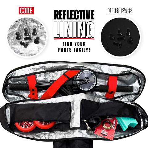 Unzip the CORE Scooter Travel Bag - Black to discover neatly arranged parts within, complete with reflective lining. The accompanying text states, "Reflective Lining: Find Your Parts Easily!" A contrasting image shows a disorganized "Other Bags" section with scattered small parts and highlights the padded backpack-style shoulder straps for enhanced comfort.