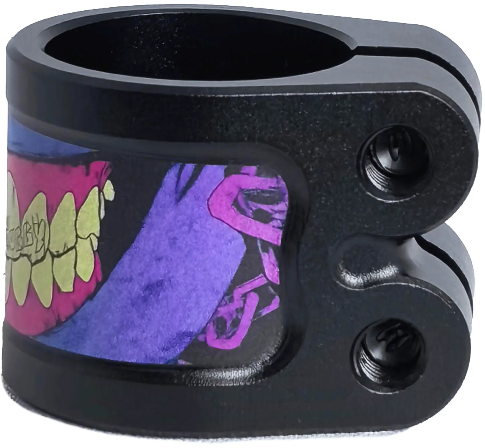 The Chubby Gnasher 2 Bolt Oversized Scooter Clamp by Chubby is made from 7075-T6 aluminium in black/purple, features two bolt holes, and showcases Gnasher artwork with yellow teeth and a purple tongue outlined in pink.