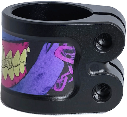 The Chubby Gnasher 2 Bolt Oversized Scooter Clamp by Chubby is made from 7075-T6 aluminium in black/purple, features two bolt holes, and showcases Gnasher artwork with yellow teeth and a purple tongue outlined in pink.