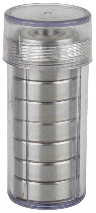 A transparent plastic cylinder with a screw-on lid neatly holds an 8-pack of Sushi Chrome ABEC 5 Skateboard Bearings, which resemble stacked coins.
