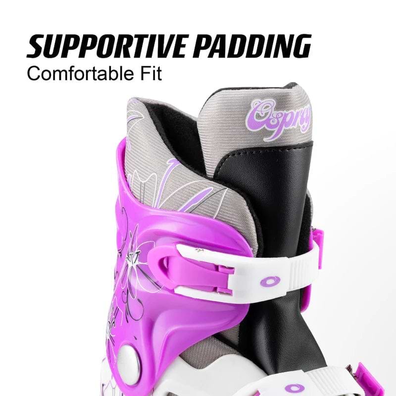 Close-up of the Osprey Flower Adjustable Quad Roller Skates - Purple boot featuring purple and white floral designs. "SUPPORTIVE PADDING Comfortable Fit" highlights Osprey’s comfort and cushioning for kids in these adjustable skates.