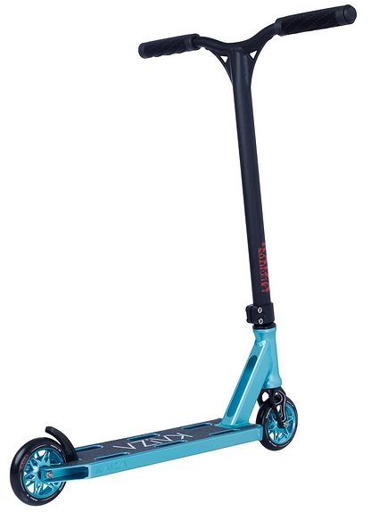 The Longway Kaiza Complete Pro Stunt Scooter in teal features a wide deck, metal handlebars, and small wheels—this superlight Longway scooter is built for tricks and stunts at the skatepark.