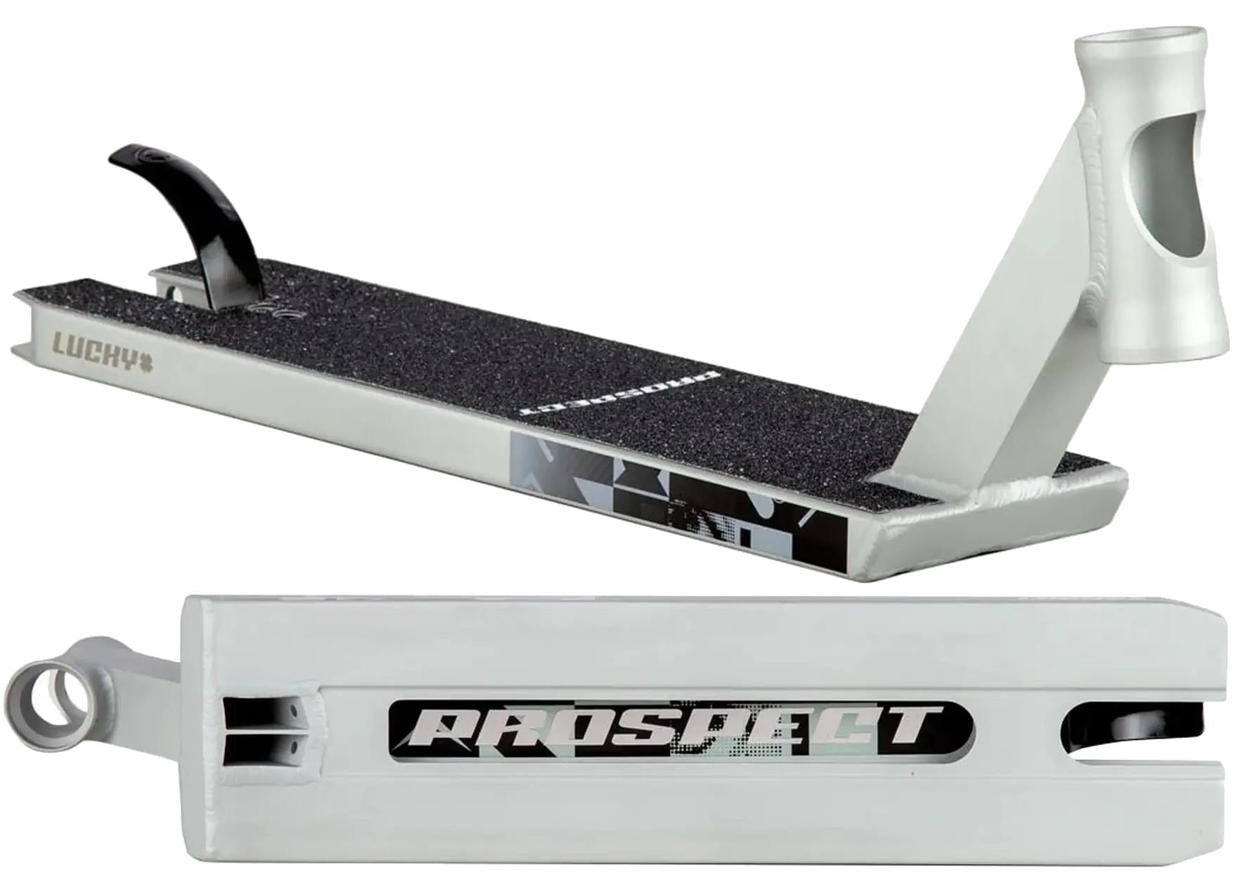 The Lucky Prospect 2025 Matte Raw Stunt Scooter Deck (5" x 19.5") features a white finish, black grip tape, cut-out headtube, “PROSPECT” on the bottom, extra foot space, and “LUCKY” in green near the rear.