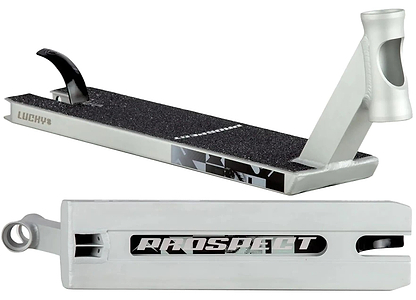 The Lucky Prospect 2025 Matte Raw Stunt Scooter Deck (5" x 19.5") features a white finish, black grip tape, cut-out headtube, “PROSPECT” on the bottom, extra foot space, and “LUCKY” in green near the rear.