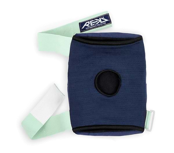 The REKD Heavy Duty Triple Skate Protection Pad Set in Blue and Mint provides excellent knee protection, featuring a central round opening and a light green adjustable strap fastened with Velcro. The strap includes a "REKD" branded tag, akin to their famous elbow pads.