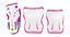 Introducing the SFR Essentials Junior Triple Skate Protection Pad Set - Candi, an entry-level gear in pink and white, featuring wrist guards with rainbow straps alongside elbow and knee pads. The white protective caps are stylishly accented in pink and blue to ensure both safety and flair.