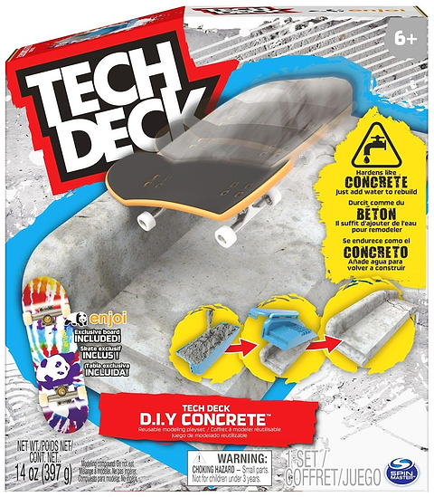 The Tech Deck DIY Concrete Reusable Fingerboard Ramp Modelling Set features a fingerboard on a concrete ramp and step-by-step images for creating your own ramp. Perfect for customizing skate parks. For ages 6+. Brand: Tech Deck.