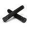 Two Drone Acolyte Black Stunt Scooter Grips, each 180mm in length, are artfully crossed over one another against a clean, white backdrop. Adorned with futuristic linear designs and featuring flat ends crafted from Comfort Max silicone, these grips promise an unmatched riding experience.