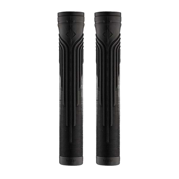Two Drone Acolyte Black Stunt Scooter Grips, each measuring 180mm and featuring a futuristic pattern, are positioned vertically side by side against a white background.