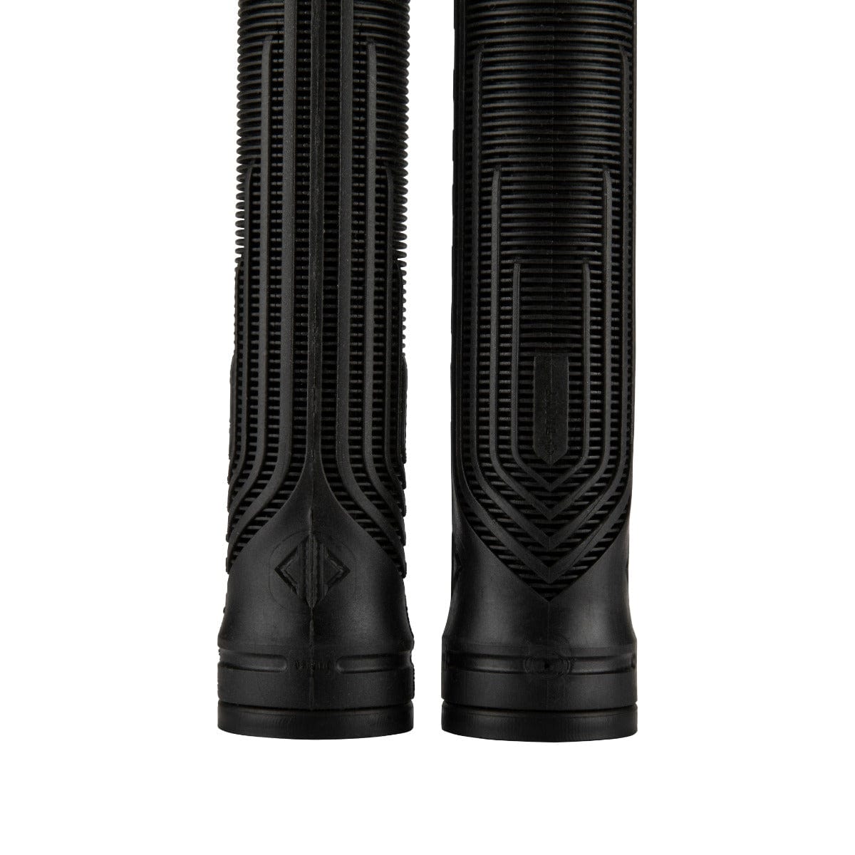 Two black grips with futuristic patterns are aligned vertically side by side. The Drone Acolyte Black Stunt Scooter Grips - 180mm feature intricate grooves and Comfort Max silicone for enhanced grip and control.
