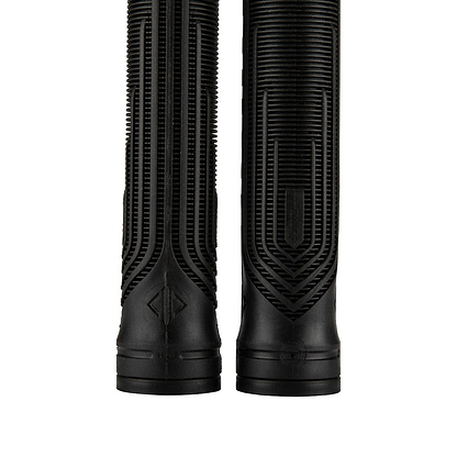 Two black grips with futuristic patterns are aligned vertically side by side. The Drone Acolyte Black Stunt Scooter Grips - 180mm feature intricate grooves and Comfort Max silicone for enhanced grip and control.
