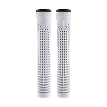 Two identical Drone Acolyte grey stunt scooter grips, featuring a textured, vertical line design with black end caps, offer a sleek look against the plain grey background. Crafted from Comfort Max silicone, these 180mm grips ensure ultimate comfort and style for any ride.
