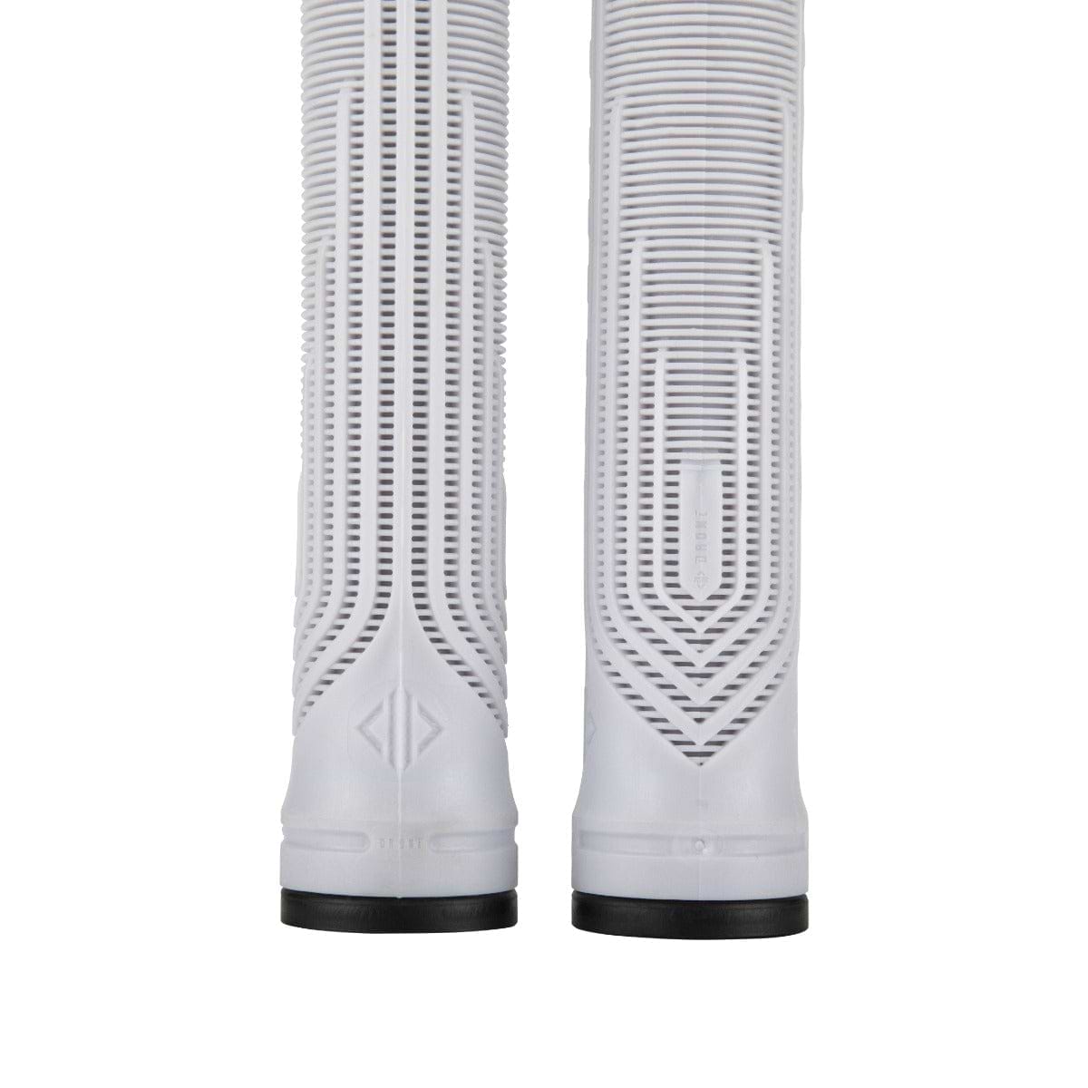 Close-up view of two vertical, textured cylindrical objects in white, showcasing grooves. The tops are not visible and are equipped with Black Grips at the bases. The design includes geometric patterns and subtle diagonal lines for a sleek finish, similar to the Drone Acolyte Grey Stunt Scooter Grips - 180mm by Drone.