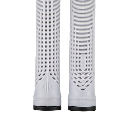 Close-up view of two vertical, textured cylindrical objects in white, showcasing grooves. The tops are not visible and are equipped with Black Grips at the bases. The design includes geometric patterns and subtle diagonal lines for a sleek finish, similar to the Drone Acolyte Grey Stunt Scooter Grips - 180mm by Drone.