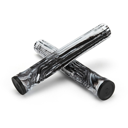 Two black and white marbled scooter grips by Drone are crossed over each other against a plain white background. These Drone Acolyte Black / White Marble Stunt Scooter Grips, measuring 180mm, are crafted from Comfort Max silicone and feature a ribbed design for enhanced grip.