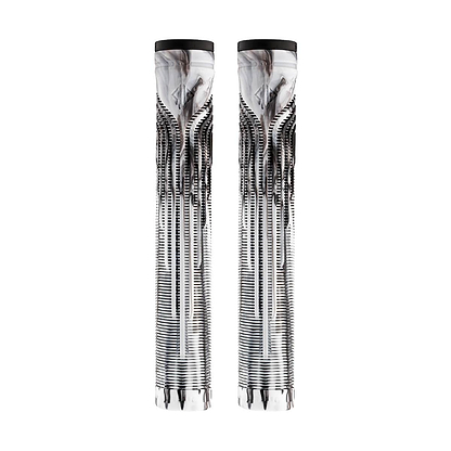 Two sleek, vertical, metallic rods showcasing intricate details and a futuristic pattern stand parallel against a white backdrop. Their reflective surfaces hint at the innovative design of Drone's Acolyte Black/White Marble Stunt Scooter Grips - 180mm technology.