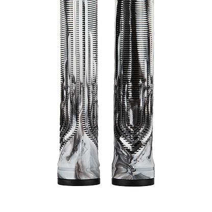 Close-up view of two intricately designed, tall sculptural objects with a reflective, metallic surface and vertical ribbed patterns, featuring a blending of silver and black hues. The futuristic pattern evokes the sleek aesthetics of the Drone Acolyte Black / White Marble Stunt Scooter Grips - 180mm by Drone.