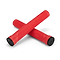 Two Drone Acolyte Red Stunt Scooter Grips - 180mm, featuring black end caps, are crossed over each other on a white background. These silicone grips from Drone boast a futuristic pattern for enhanced handling.