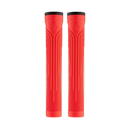 Two Drone Acolyte Red Stunt Scooter Grips by Drone, featuring a futuristic ridged texture and sleek black end caps, stand upright side by side on a white background.
