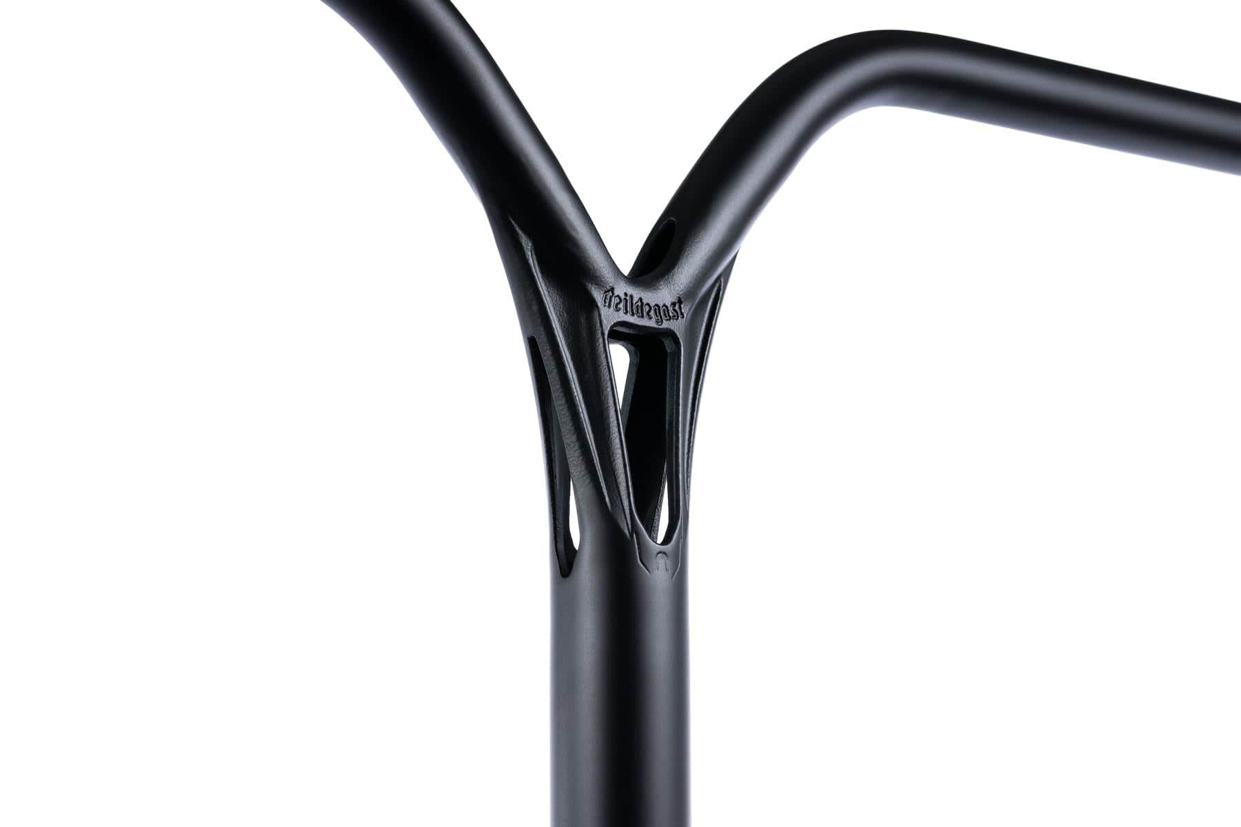 Close-up of Ethic DTC Deildegast V2 Steel Oversized HIC Stunt Scooter Bars by Ethic (720mm x 600mm, black), featuring a Y-shaped design and central cut-outs, crafted from durable 4130 Chromoly steel, isolated on white.
