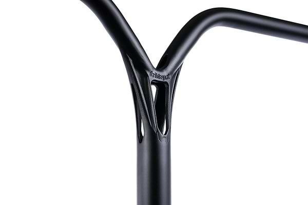 Close-up of Ethic DTC Deildegast V2 Steel Oversized HIC Stunt Scooter Bars by Ethic (720mm x 600mm, black), featuring a Y-shaped design and central cut-outs, crafted from durable 4130 Chromoly steel, isolated on white.