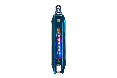 The Ethic DTC Pandemonium V2 Chrome Blue Stunt Scooter Deck measures 5.1" x 18.1" and features a striking prismatic gradient design with the name "Pandemonium" prominently displayed. This lightweight deck is crafted from durable aluminum, showcasing a blend of blue and rainbow hues with an attention-grabbing reflective finish.