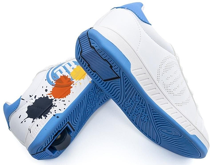 The Breezy Rollers Splash Shoes in White/Light Blue feature a patented heel wheel on one shoe and colorful paint splatter designs in black, orange, yellow, and blue on the other. Brand: Breezy Rollers.