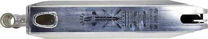 A close-up of the UrbanArtt Primo Raw Stunt Scooter Deck (4.6" x 21.25") by UrbanArtt shows a silver angular deck with black graphics, engraved text, a rear wheel slot, and a front mounting hole, viewed from above.