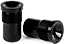 Two black cylindrical metal objects with threaded midsections are displayed—one upright, the other lying horizontally to reveal engraved text on its flat end. Both feature a flared rim and a glossy, smooth finish. These Ethic DTC Handlebar Balance Point Modulation - 150g bar ends by Ethic are expertly crafted to provide riders with exceptional durability and precise balance point modulation.