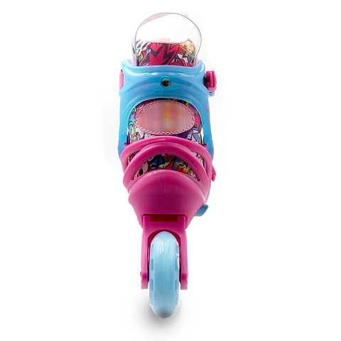 The Roces Ply Flash Adjustable Kids Inline Skates in pink and blue feature a blue frame, pink straps, light blue wheels with flashing lights, vibrant patterned inner shoe, and smooth ABEC 7 carbon bearings—perfect for kids.