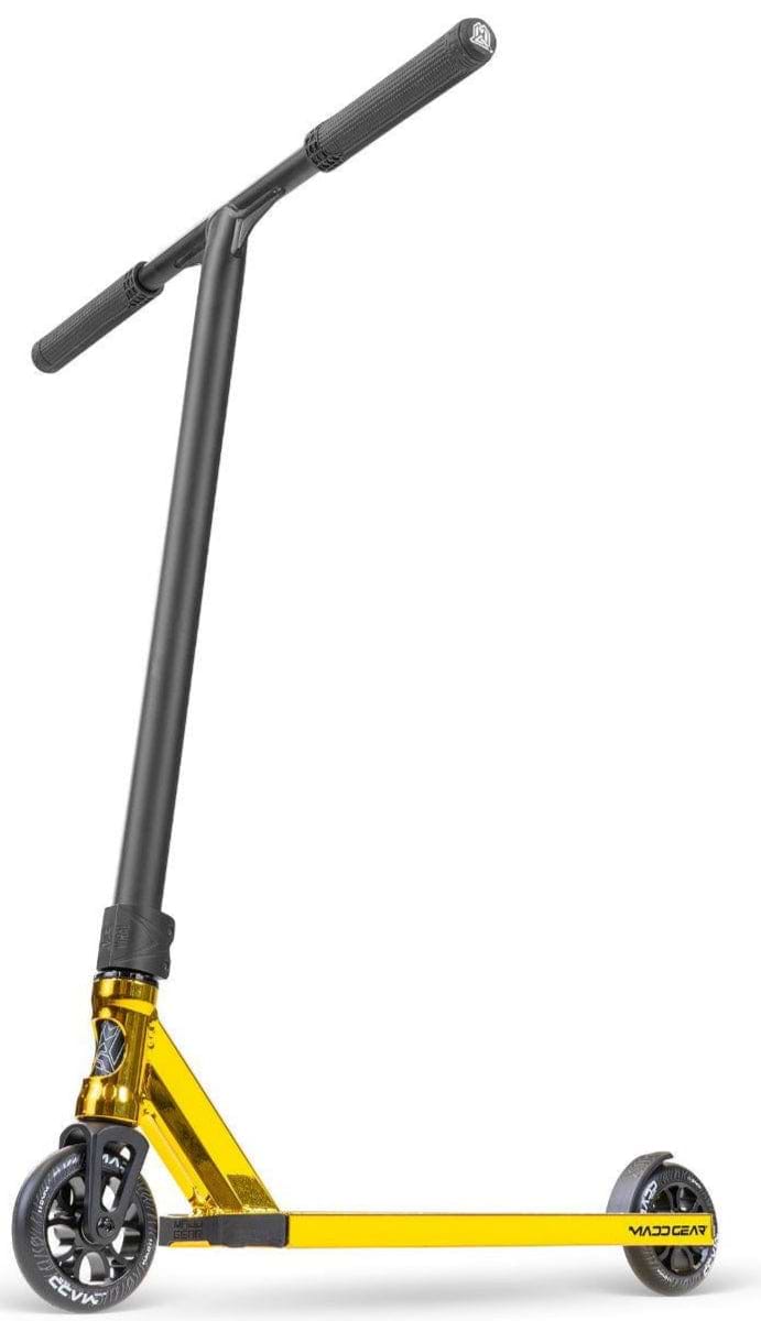 The Madd Gear MG 6 Kinetic Complete Stunt Scooter by MGP features a gold and black design, lightweight aluminium deck, T-shaped black handlebar, and small black wheels with ABEC-11 High-Speed Chrome bearings. Displayed on a white background.