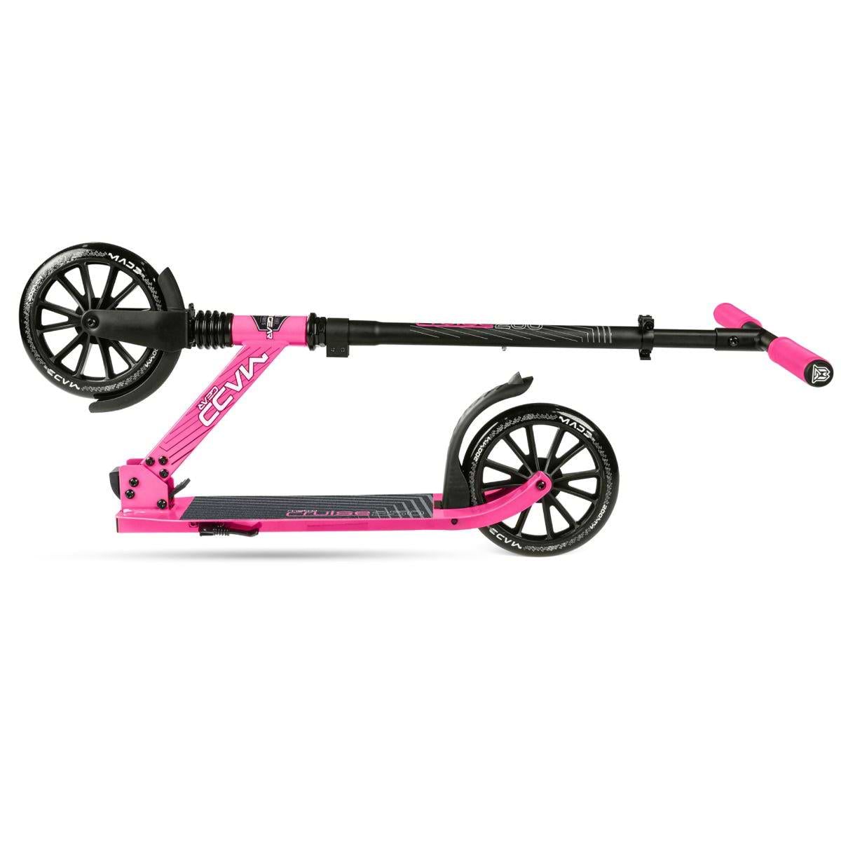 The Madd Gear (MGP) Metro Cruise 250 Foldable Commuter Scooter in black and pink features large wheels, pink handlebar grips, and folds compactly for easy carrying or storage.