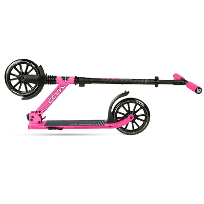 The Madd Gear (MGP) Metro Cruise 250 Foldable Commuter Scooter in black and pink features large wheels, pink handlebar grips, and folds compactly for easy carrying or storage.