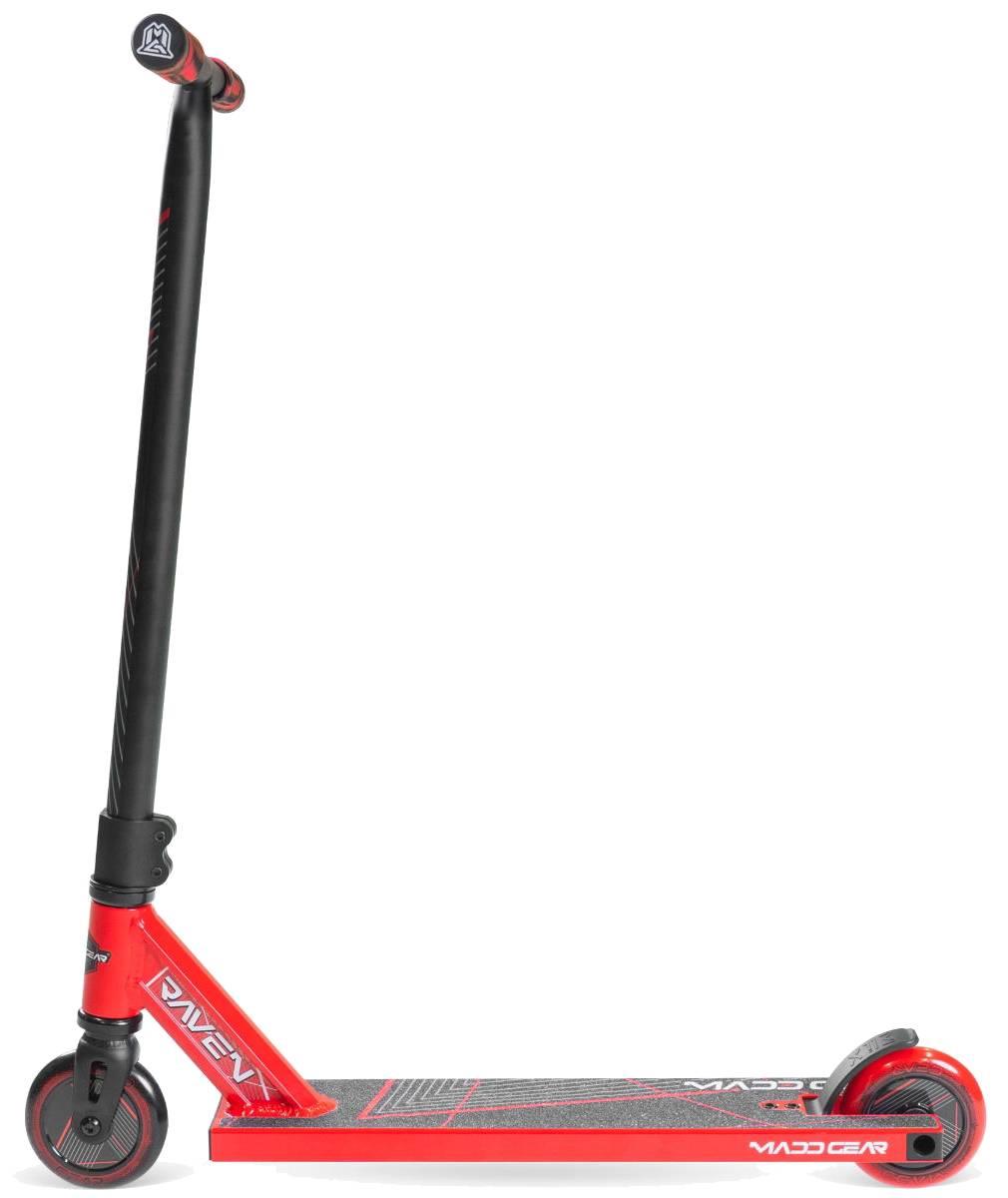 The Madd Gear MG 1 Raven Complete Stunt Scooter by Madd Gear (MGP) features a red and black design with a textured deck, two small wheels, and upright handlebars, displayed side-on against a white background.
