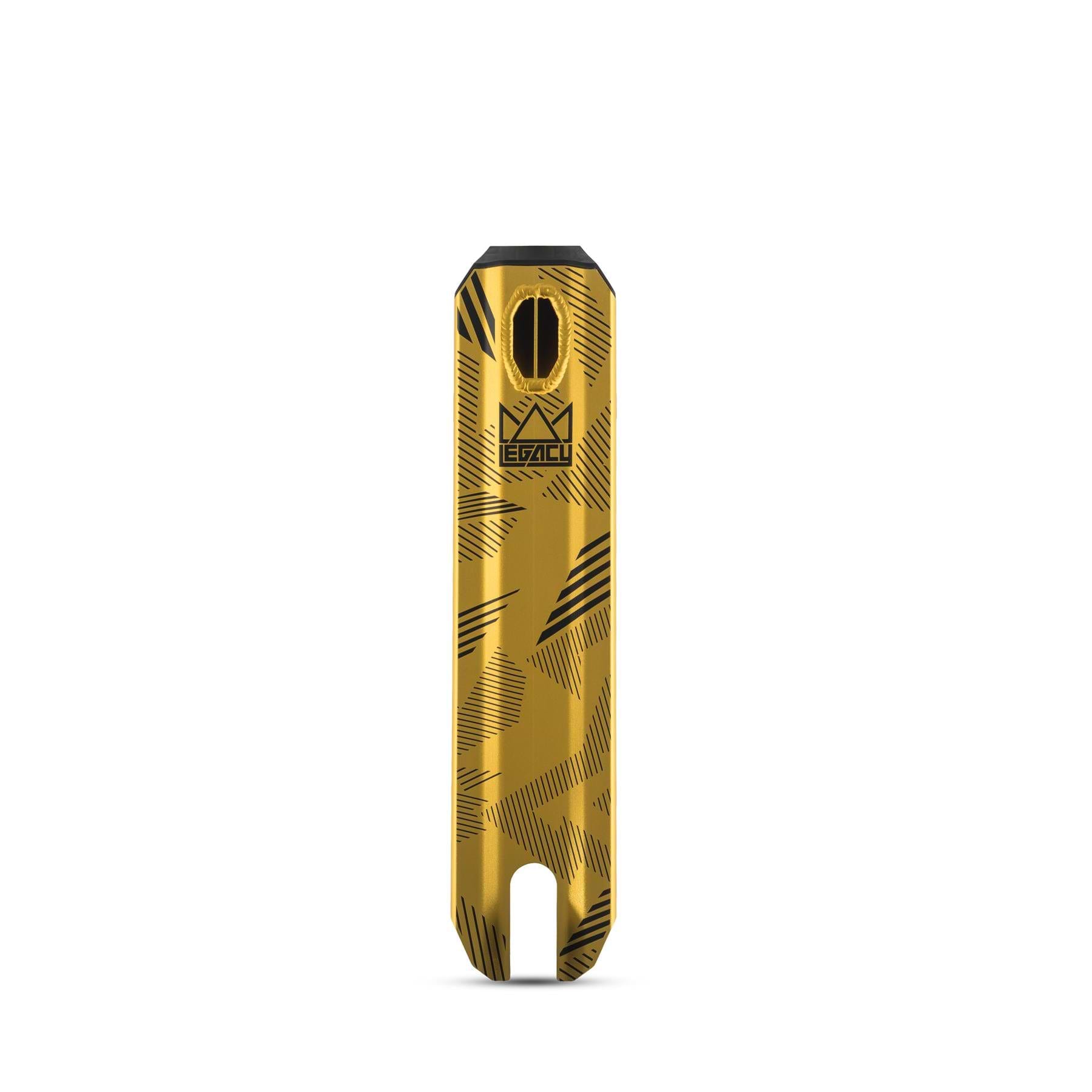 The Legacy Ventus Complete Stunt Scooter in gold/black features a metallic finish with black diagonal and crisscross scratch designs, a keyhole-shaped bottom opening, and the LEGACY logo with crown—ideal for skatepark riders.