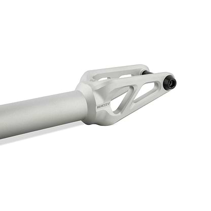 Close-up of the Drone Aeon 3 Feather-Light IHC Stunt Scooter Forks by Drone, crafted from sleek 7075-T6 aluminum with a matte silver finish. Its lightweight, aerodynamic design features two elongated cutouts.