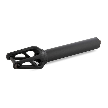 The Drone Aeon 3 Feather-Light SCS Stunt Scooter Forks in black, crafted by Drone, offer a cylindrical stem along with an elegant and angular design ideal for stunts.