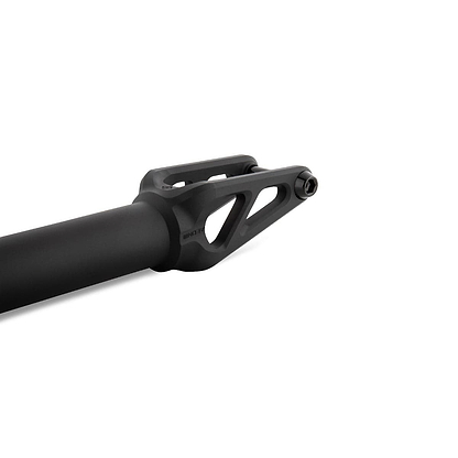 Close-up of the Drone Aeon 3 Feather-Light SCS Stunt Scooter Forks in black, showcasing its sleek design with an intricate top structure for mounting. The lightweight configuration stands out against a white background, emphasizing its smooth finish and angular construction.