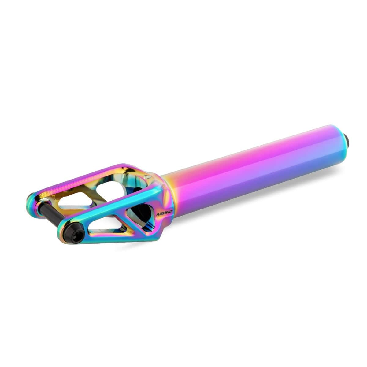 The Drone Aeon 3 Feather-Light SCS Stunt Scooter Forks - Neochrome highlight a vibrant, iridescent design with a gradient of purple, pink, green, and yellow shades. Crafted from durable 7075-T6 Aluminium, these forks feature a geometric open-cut pattern on their cylindrical stem.