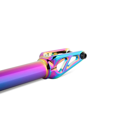 The Drone Aeon 3 Feather-Light SCS Stunt Scooter Forks in Neochrome are crafted from durable 7075-T6 Aluminium, featuring an eye-catching gradient of purple, blue, and gold. These lightweight forks boast a sleek design with cutouts to minimize weight, making them essential for the Drone Aeon 3 Stunt Scooter.