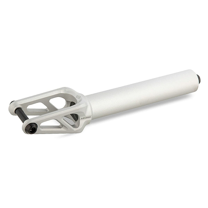 The image displays the Drone Aeon 3 Feather-Light SCS Stunt Scooter Forks in silver, known for their lightweight design, with a cylindrical tube and open triangular side cutouts. Ideal for the Drone Aeon 3 stunt scooter, this fork is set against a white background.