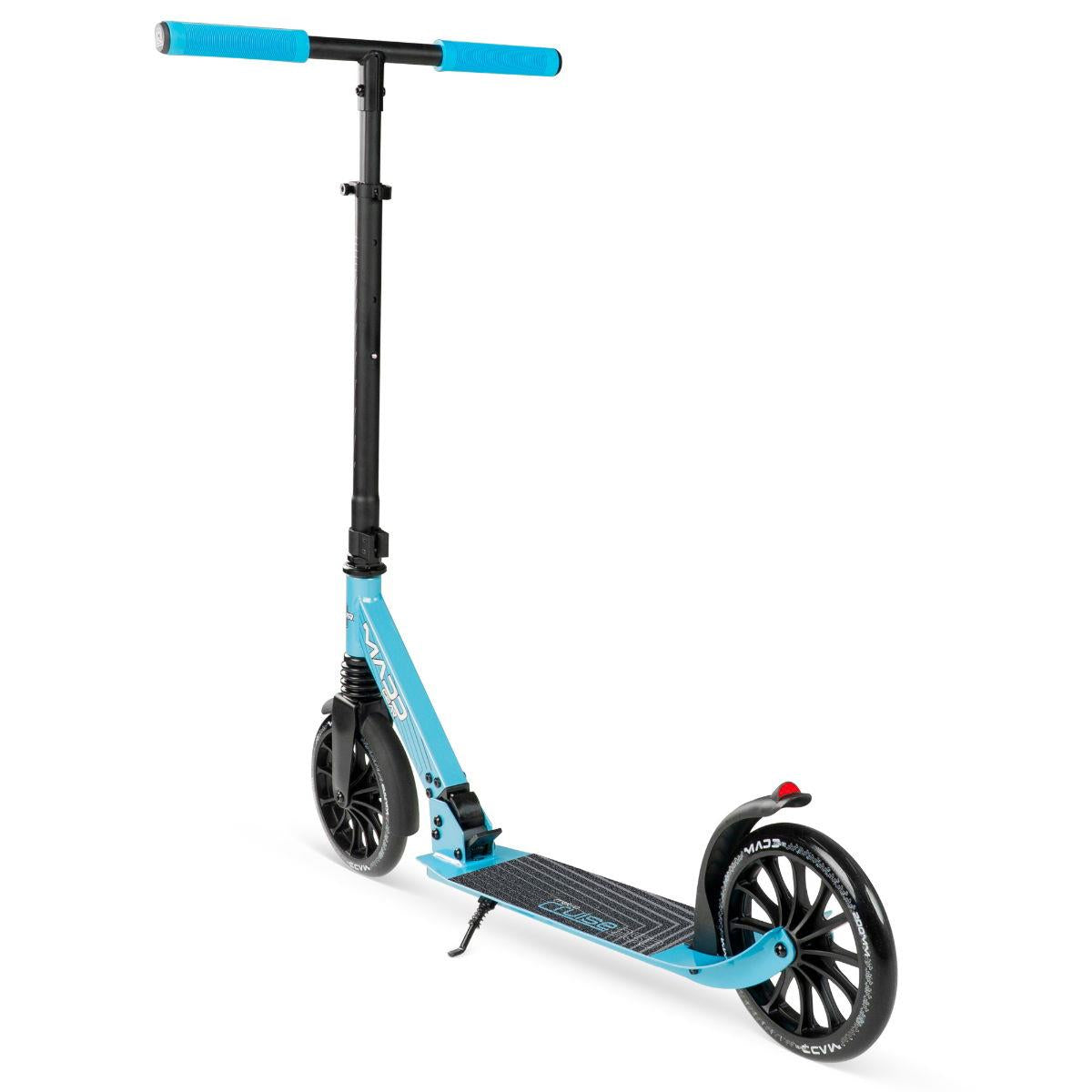 The Madd Gear Metro Cruise 250 Foldable Commuter Scooter by MGP in black and blue features large wheels, a black adjustable handlebar with blue grips, a grip tape deck, and a rear fender brake, shown on a white background.