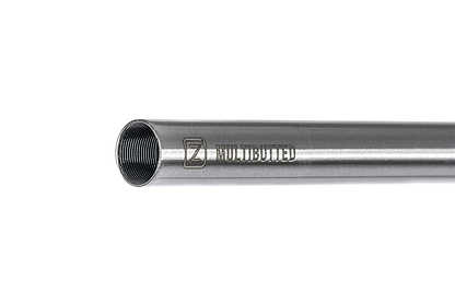 A close-up of Ethic DTC Tenacity V2 Steel Oversized HIC Stunt Scooter T-Bars (Raw, 620mm x 600mm) shows the metallic tube with internal threading at one end and "MULTICUTTED" plus the Ethic logo engraved on its side against a white background.
