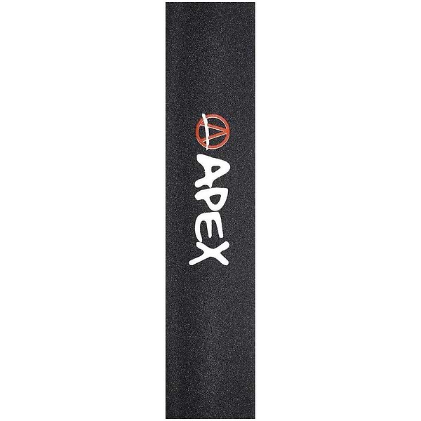 The Apex Pro Scooter Griptape - Printed Logo is a black griptape showcasing the word "APEX" in white, alongside an orange, stylized "A" above. Designed with a robust adhesive, it guarantees to stay securely affixed on your board or scooter.