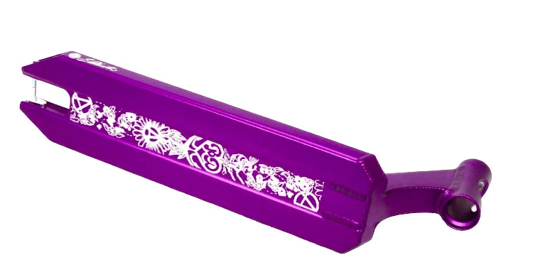 The Apex Pro Bianca Dilworth Signature Purple Stunt Scooter Deck, measuring 5" x 19.3", boasts a sleek and modern design with its purple hue and white floral swirl patterns. This hybrid deck features a flat surface and wheel mounting area at the back, making it a standout component in the Apex lineup.
