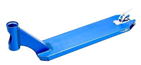 The Apex Pro Camille Bonnet Signature Blue Stunt Scooter Deck, measuring 4.5" x 19.3", stands out in vibrant blue against a white background. This Australian-made deck from the Apex brand features an integrated head tube and brake, showcasing a sleek, angular design with a rear-attached brake known for its durability.