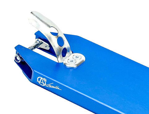 Close-up of the Australian-made Apex Pro Camille Bonnet Signature Blue Stunt Scooter Deck - 4.5" x 19.3", highlighting its blue metal finish and silver brake. The durable deck prominently displays a logo on its side.